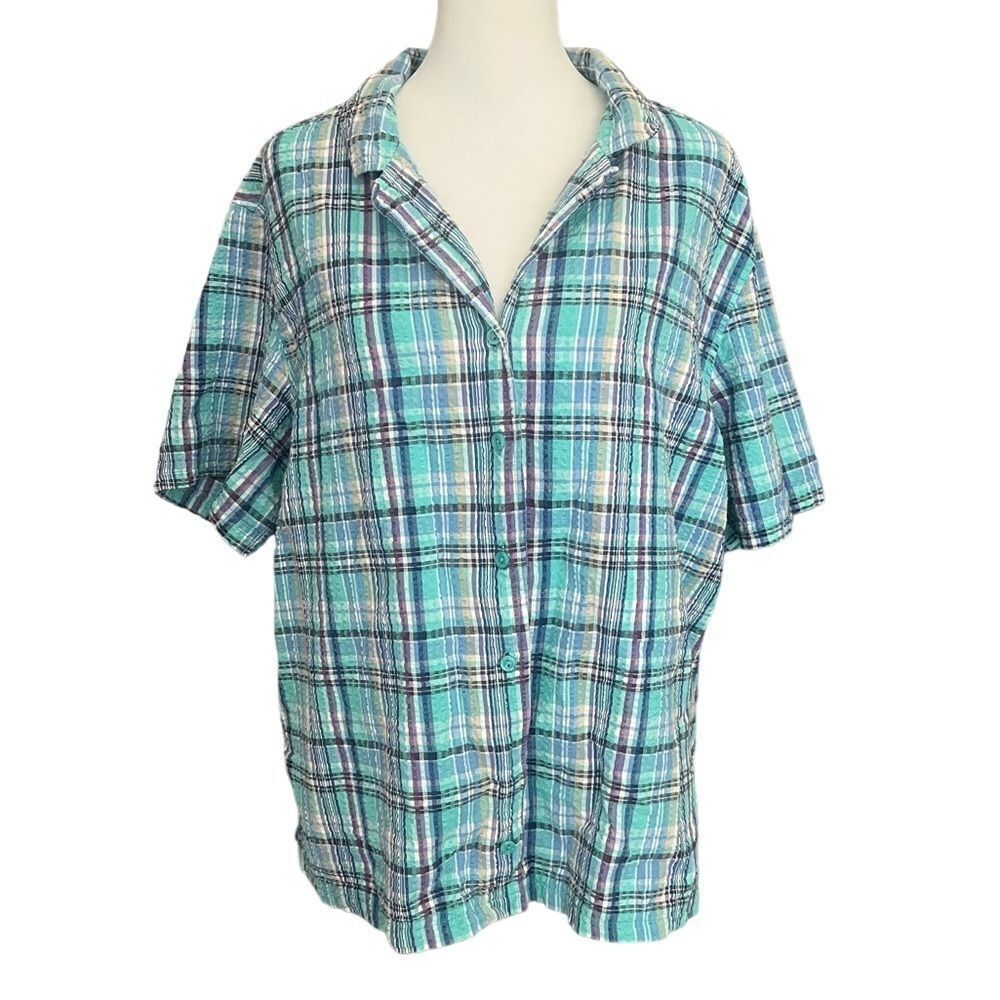 Cappagallo short sleeve button top womens XL blue plaid cotton y2k​​​